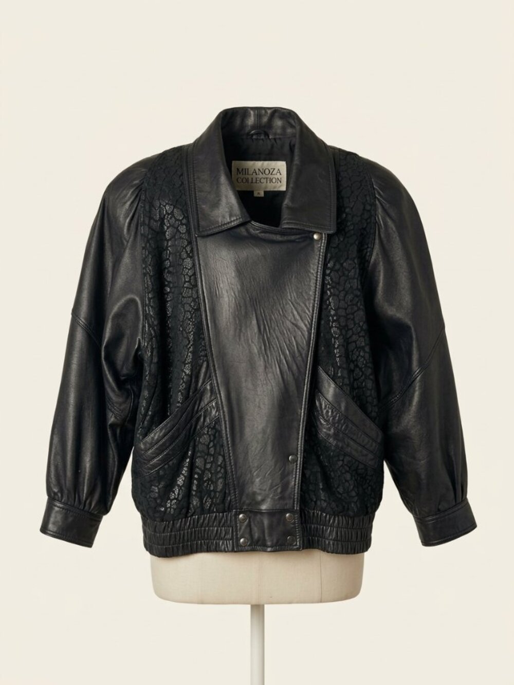 VTG 80s Milanoza Collection Black Leather Bomber Jacket - Embossed Reptile Panel